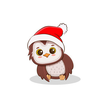 cute cartoon owl in santa hat.Owlet for your design of Christmas and New Year cards, banners, invitations.