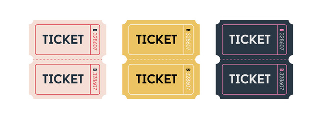 Vintage ticket vector design collection. Movie festival entertainment symbol. Three colors concept.
