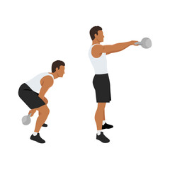 Man doing two arm Kettlebell swing exercise. Flat vector illustration isolated on white background - obrazy, fototapety, plakaty