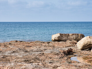 Fototapeta na wymiar Coastal landscape with sea, stone and blue sky, Mediterranean Sea, Mallorca Island