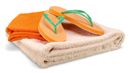 Rubber sandals flip flops and towels isolated on white - Powered by Adobe