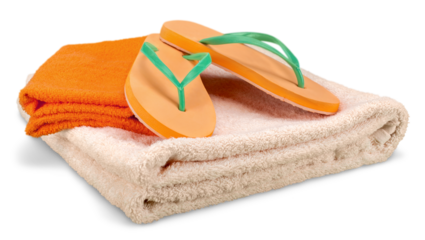 Rubber sandals flip flops and towels isolated on white