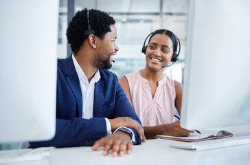 Call center, business and black people teamwork on sales, telemarketing and crm strategy, management and communication. Financial support, virtual advisor and consultant on computer for training