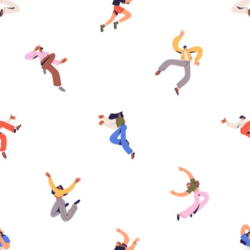 Happy energy people pattern. Seamless background, active youth, excited characters. Repeating print, free lively men and women in action, motion poses, floating. Colored flat vector illustration