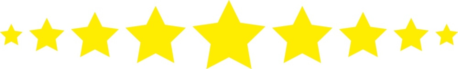 Yellow filled stars in a row, different sizes. Isolated png illustration, transparent background. Asset for overlay, pattern, montage, collage, mark making.
