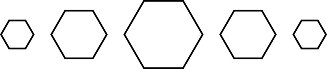 Five outlined black hexagon, honeycomb shapes, in a row, different sizes. Isolated png illustration, transparent background. Asset for overlay, pattern, montage, collage, mark making.