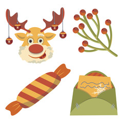 set of compositions for christmas deer with toys on the antlers candy congratulatory letter vector