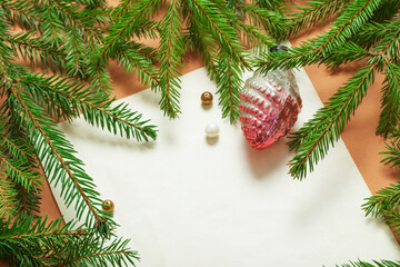Naklejka na ściany i meble vintage christmas background with fir branches and old retro toys