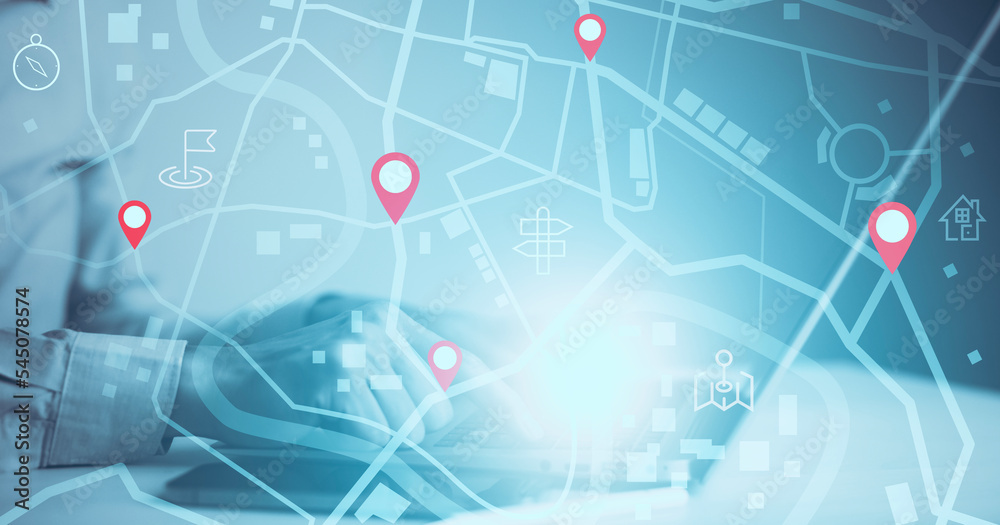 Poster man using laptop with virtual world and model map with location point , gps app, icon travel maps an