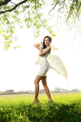 Young Beautiful Cute Girl Fashionable Dress Forest Outdoors Fashion Concept
