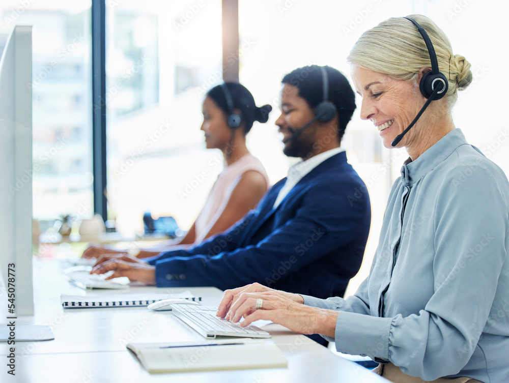 Poster call center, woman and typing on computer with group in office for online customer support, help or 