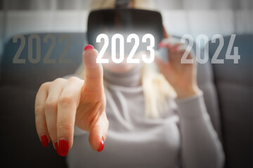 2023, virtualization technology with VR glasses, future, megatrends on internet, finance and internet of things.