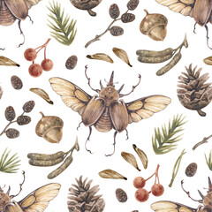 Vintage watercolor seamless pattern with rhinoceros beetle, pine cone, alder catkins, seeds, acorn, berries isolated.