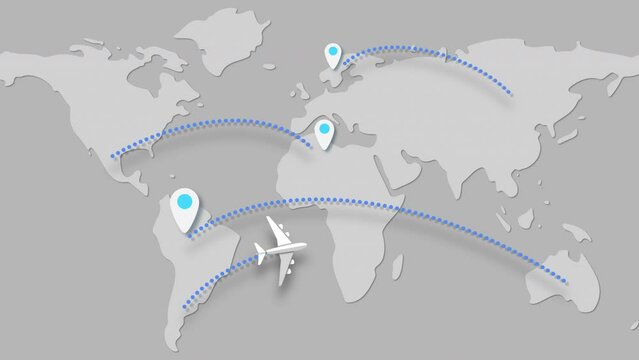 Plane flying on the world's map leaving a trail behind. The plane makes on white map background and and flying away from screen. World travel, vacation. transport shipping 3D rendering
