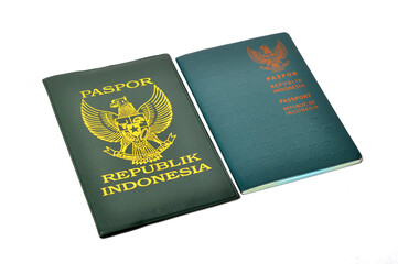 Republic of Indonesia passport book with green cover on white background