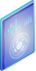 Isometric tablet with cloud analysis app information. Cloud application with charts graphics report data on the screen.