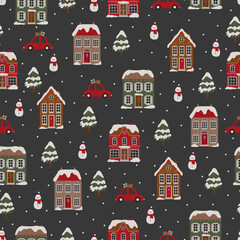 Seamless pattern with Christmas house, tree and car.