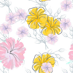 Pink Flowers Blooming Pattern. Pastel Watercolor.