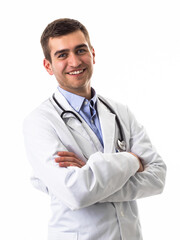 Confident male doctor in white lab coat and stethoscope standing with folded arms smiling at the camera isolated on white