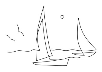 Yachts on sea waves. Seagull in the sky. Draw one continuous line illustration. Isolated on white background