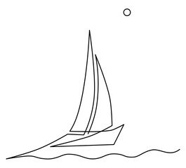 Lonely sailboat at sea. Sign or logo. Continuous line drawing illustration