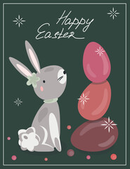 Greeting card happy Easter rabbit with pink eggs