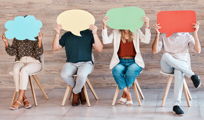 Diversity, team and speech bubble communication banner for advertising or marketing mockup on social media. Creative business branding, employee teamwork and company design billboard for graphic sign