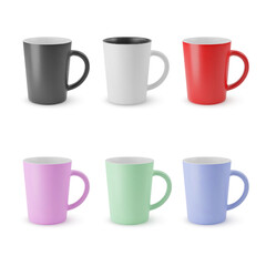 Illustration of Six Realistic Empty Ceramic Tea Mug. Mockup with Shadow Effect. For Web Design, and Printing on a White Background