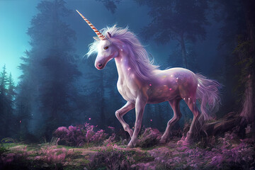 Naklejka na ściany i meble unicorn, magic forest, deep tints, art illustration