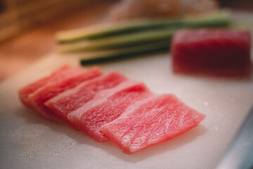 Ready-to-eat colorful fish sushi. sushi is a street food of japan and new business in the world.