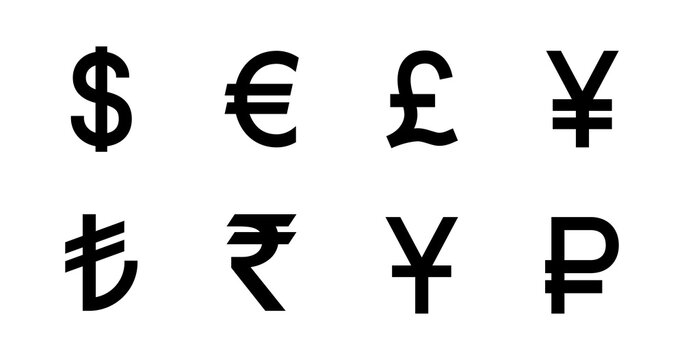 Main bold currency signs dollar euro pound yen rupee ruble lira isolated PNG