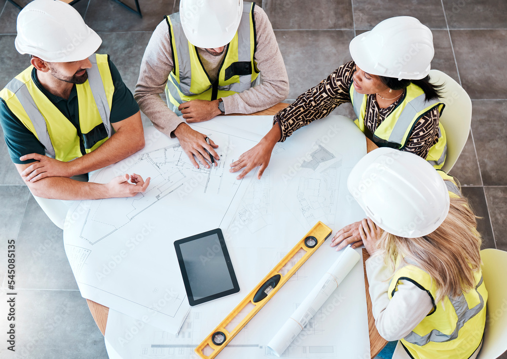 Poster above, blueprint and architects planning design of house during meeting for construction and buildin