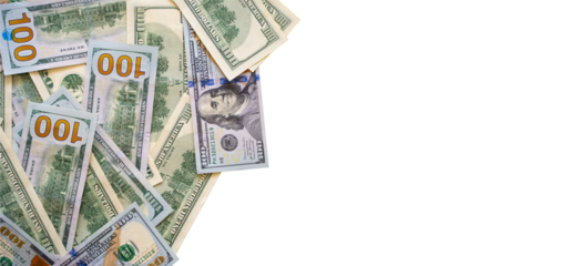 PNG bundle of money 100 us dollar Banknotes isolated over white backhround. Business, finance, saving, bank and people concept - one hundred usd. American paper currency. US dollars. Copy space