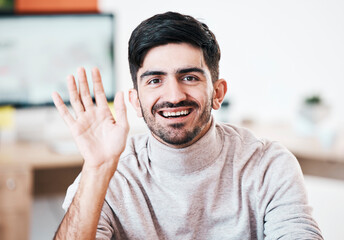 Business man, video call, and wave hello for online meeting, webinar and global communication, networking and virtual talk from India. Zoom call, video conference and businessman in a portrait