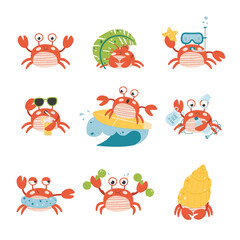 Set cartoon crab character emotion. Isolated vector illustration on white background.