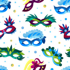 Fototapeta na wymiar Venetian carnival colorful masks seamless pattern. repeating print for backdrop, wallpaper, packaging, textile cartoon vector illustration.