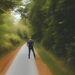 Back View of Person Standing on Country Road Between Trees