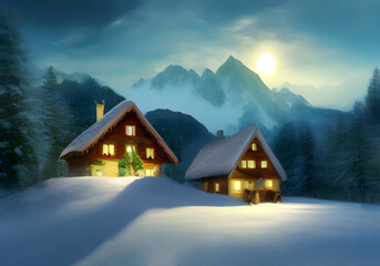 Fototapeta premium Winter landscape. Cottage on background of hill and forest. Wooden houses in countryside. New year in cottages. Country hotels Christmas evening. Renting house for large group. Winter village. AI