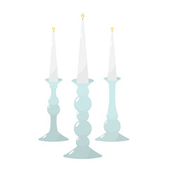 Three different glass candlesticks. Candle stands of blue glass with candles. Flat illustration. Isolated on a white background.