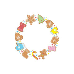 Christmas round ginger cookie frame, color vector illustration in cartoon style
