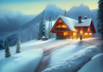 Fotobehang Winter landscape. Cottage on background of hill and forest. Wooden houses in countryside. New year in cottages. Country hotels Christmas evening. Renting house for large group. Winter village. AI © ZoomBee_MM