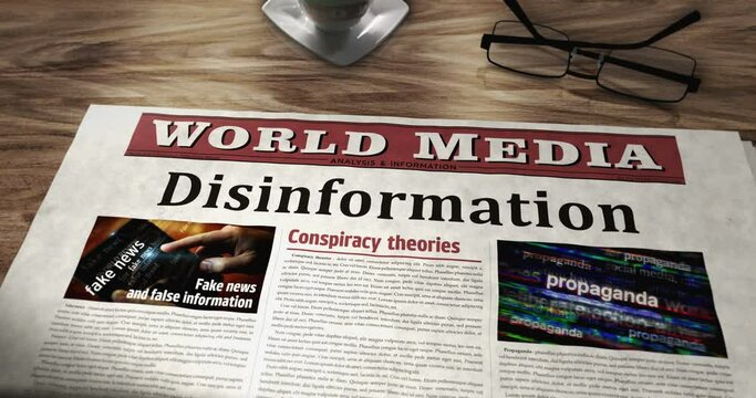 Disinformation fake news, manipulation and propaganda daily newspaper on table. Headlines news abstract concept 3d. 