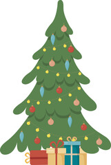Decorated christmas tree with gift boxes, lights, decoration balls and lamps. Merry Christmas and a happy new year. Vector illustration.