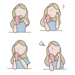 スマートフォンを操作する若い女性のセットイラスト