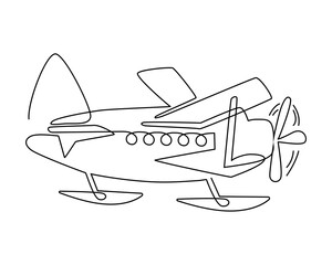 Hydroplane on floats, a device for mobile movement in space by air and water. Continuous line drawing illustration