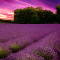 Photo Lavender Flower Field Under Pink Sky 
