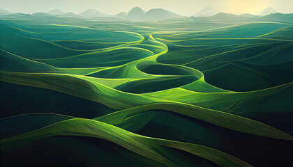 Abstraktes grünes Landschaftstapeten-Hintergrundillustrationsdesign mit Hügeln und Bergen