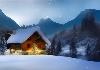 Fototapeta premium Winter landscape. Cottage, mountain and hill and forest. Wooden houses in countryside. New year in cottages. Country hotels Christmas evening. Renting house for large group. Winter village, Wonderland