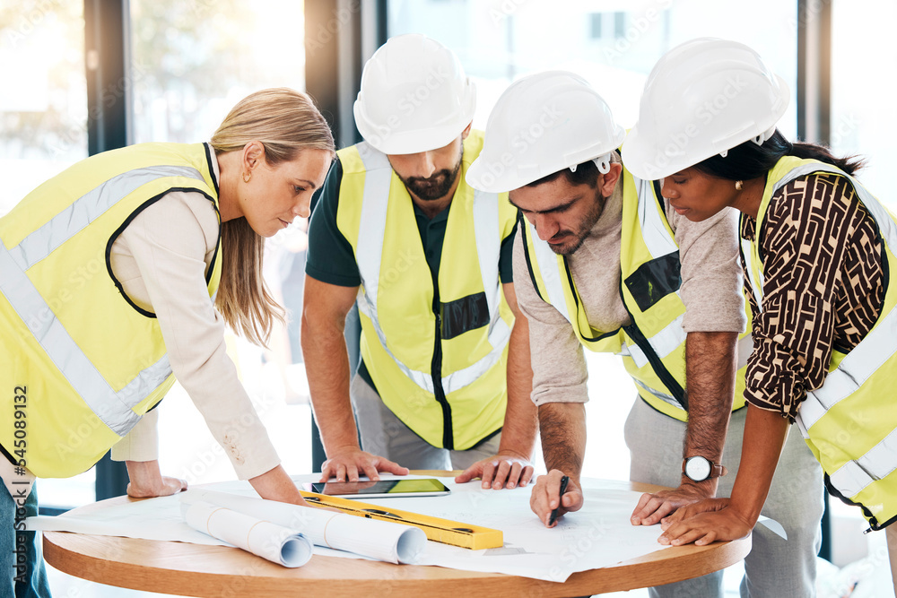 Poster Teamwork, architecture and engineering planning of a blueprint of an office building in a construction project. Meeting, construction workers or creative designers drawing floor plan task or strategy
