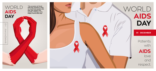 Illustration Of World Aids Day.Couple supporting aids awareness together. Closeup of the arms of two men painted red forming a red awareness ribbon and the text world aids day. - obrazy, fototapety, plakaty